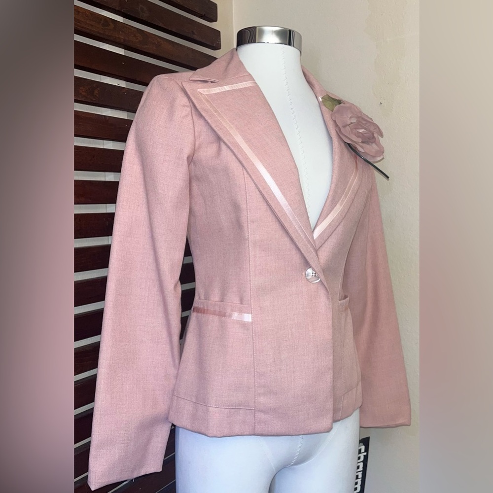 NWT Vintage Charms 1970s 70s Pink Flower Broach Ribbon Trim Jacket Blazer 7/8